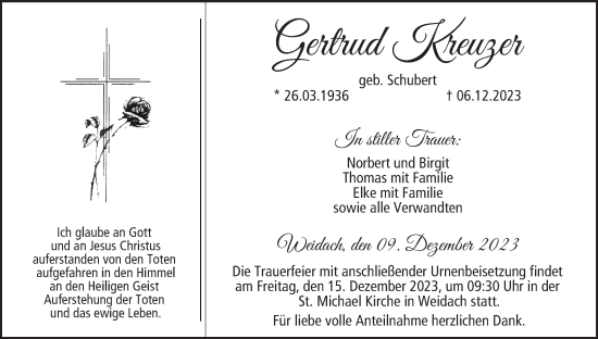 Anzeige von Gertrud Kreuzer von MGO