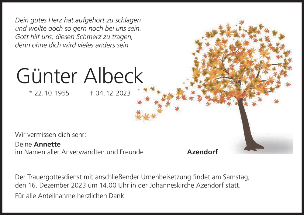  Traueranzeige für Günter Albeck vom 13.12.2023 aus MGO