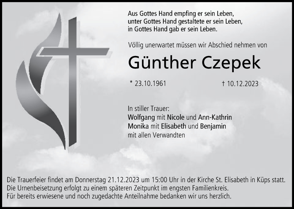  Traueranzeige für Günther Czepek vom 16.12.2023 aus MGO