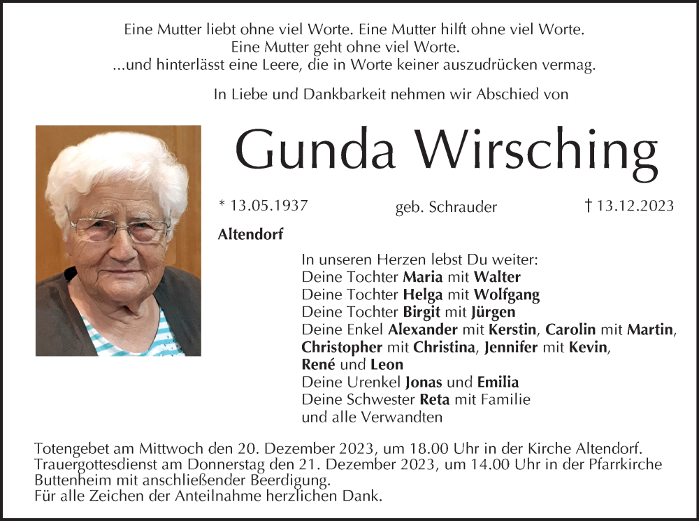  Traueranzeige für Gunda Wirsching vom 16.12.2023 aus MGO