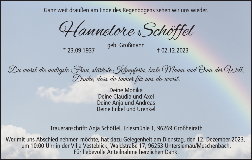  Traueranzeige für Hannelore Schöffel vom 09.12.2023 aus MGO