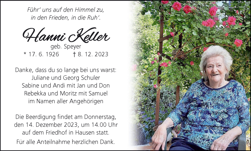  Traueranzeige für Hanni Keller vom 12.12.2023 aus MGO