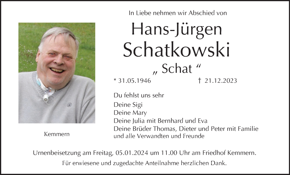  Traueranzeige für Hans-Jürgen Schatkowski vom 30.12.2023 aus MGO