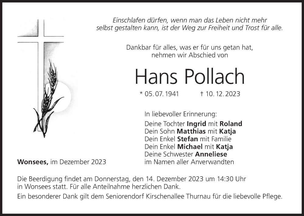  Traueranzeige für Hans Pollach vom 12.12.2023 aus MGO
