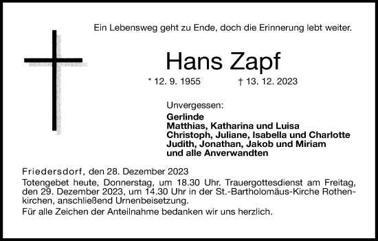 Anzeige von Hans Zapf von MGO