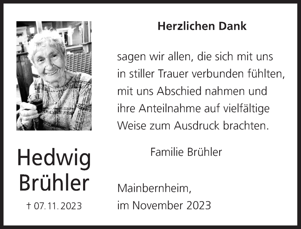  Traueranzeige für Hedwig Brühler vom 23.12.2023 aus MGO