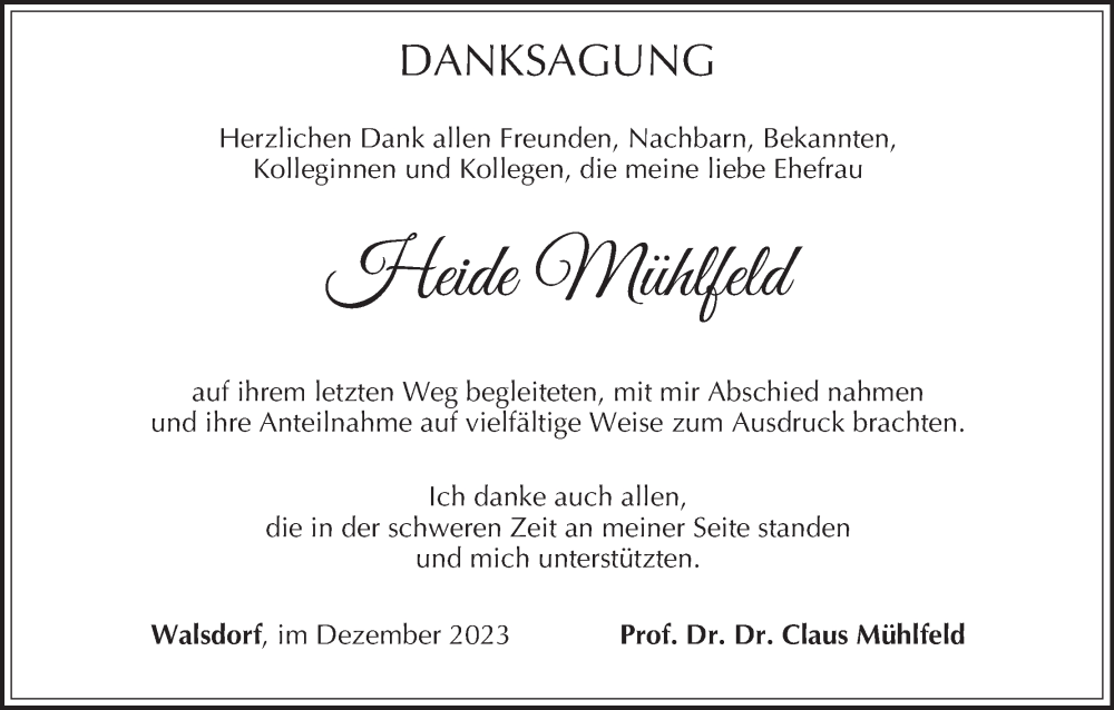  Traueranzeige für Heide Mühlfeld vom 16.12.2023 aus MGO