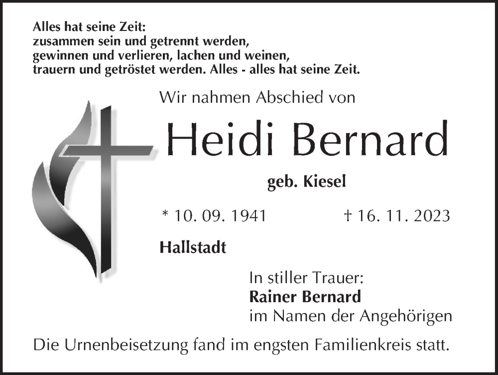  Traueranzeige für Heidi Bernard vom 02.12.2023 aus MGO