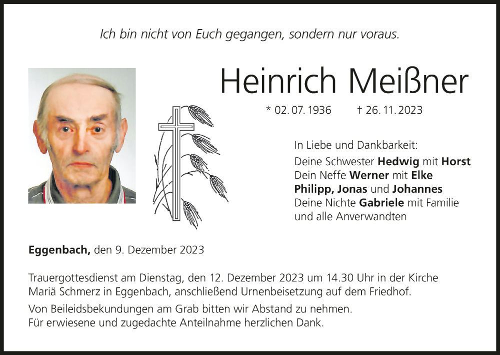  Traueranzeige für Heinrich Meißner vom 09.12.2023 aus MGO