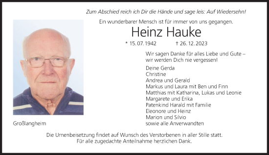 Anzeige von Heinz Hauke von MGO