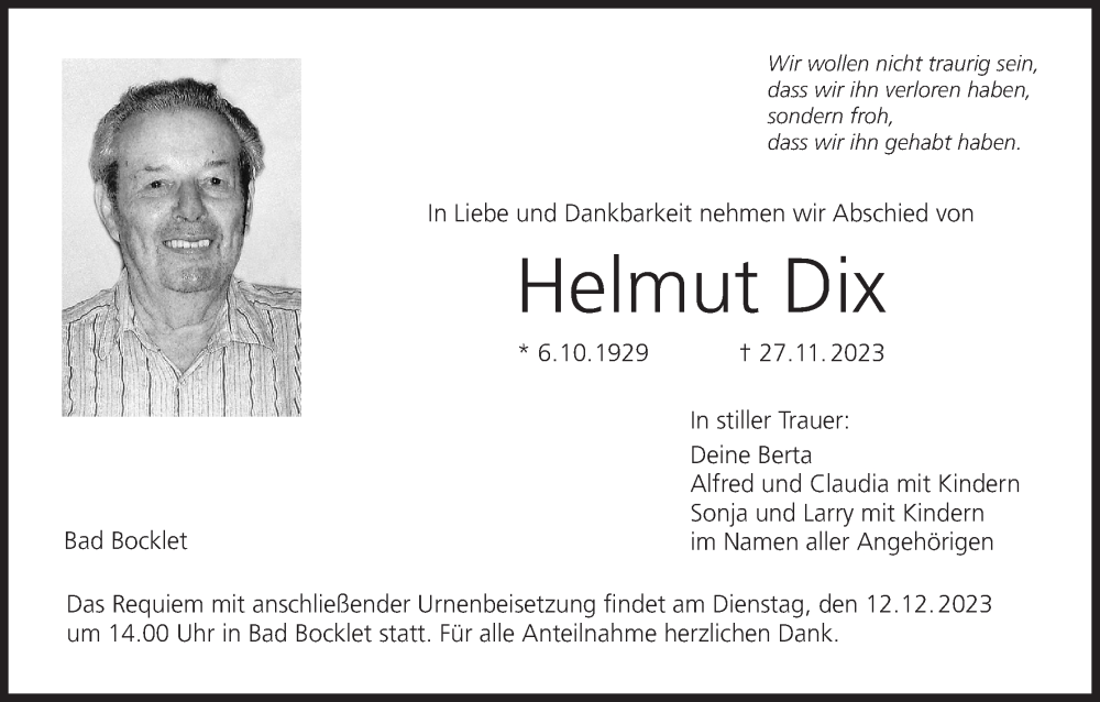  Traueranzeige für Helmut Dix vom 09.12.2023 aus MGO