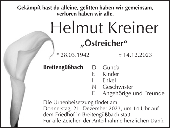 Anzeige von Helmut Kreiner von MGO