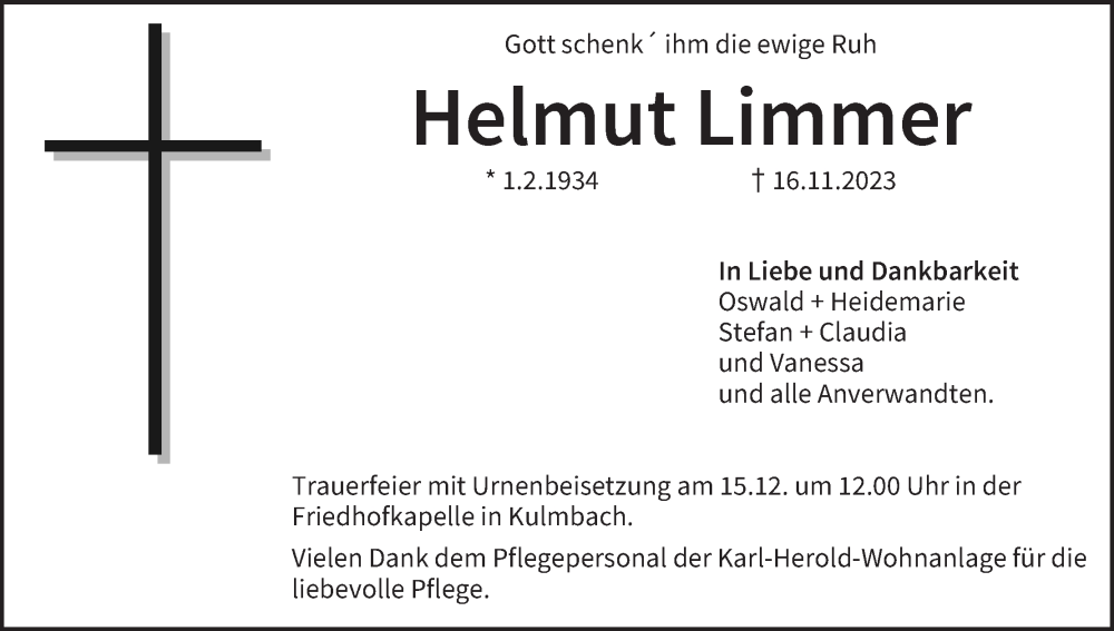  Traueranzeige für Helmut Limmer vom 13.12.2023 aus MGO