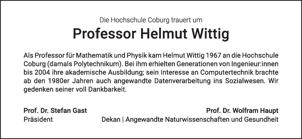  Traueranzeige für Helmut Wittig vom 02.12.2023 aus MGO