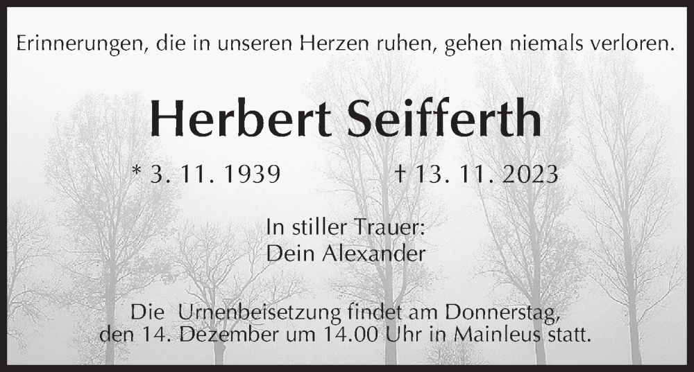  Traueranzeige für Herbert Seifferth vom 09.12.2023 aus MGO