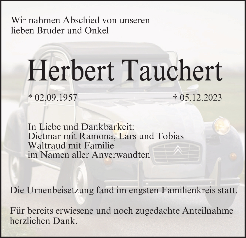  Traueranzeige für Herbert Tauchert vom 30.12.2023 aus MGO