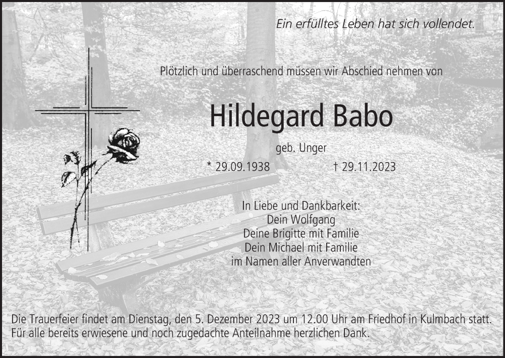  Traueranzeige für Hildegard Babo vom 02.12.2023 aus MGO