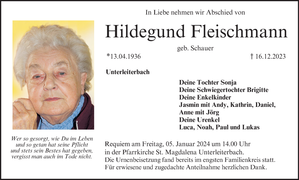  Traueranzeige für Hildegund Fleischmann vom 30.12.2023 aus MGO