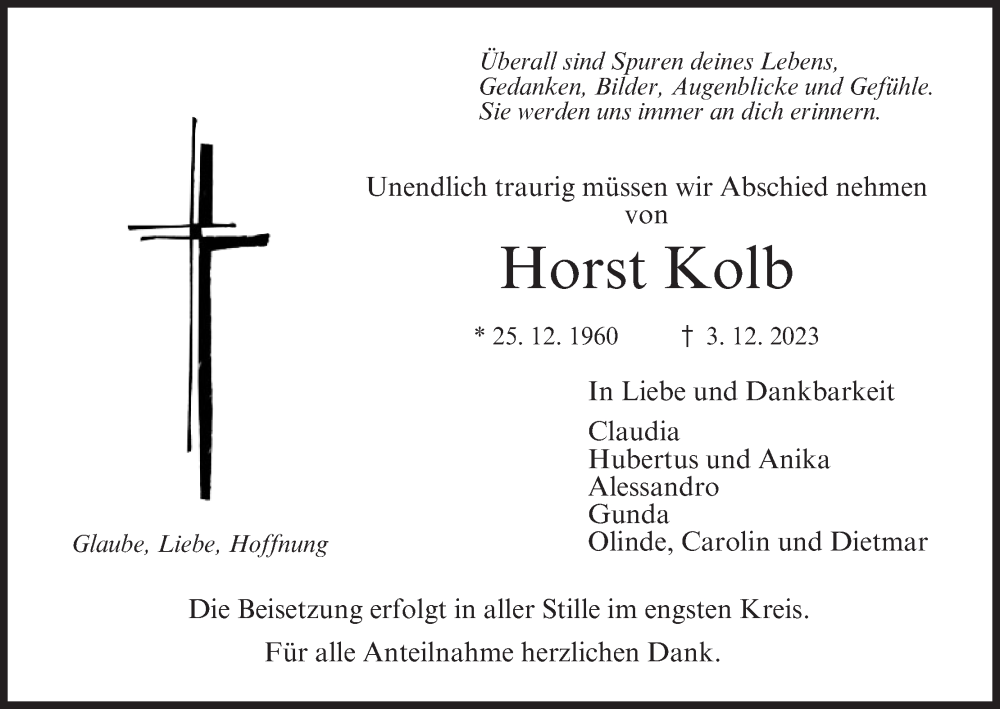  Traueranzeige für Horst Kolb vom 09.12.2023 aus MGO