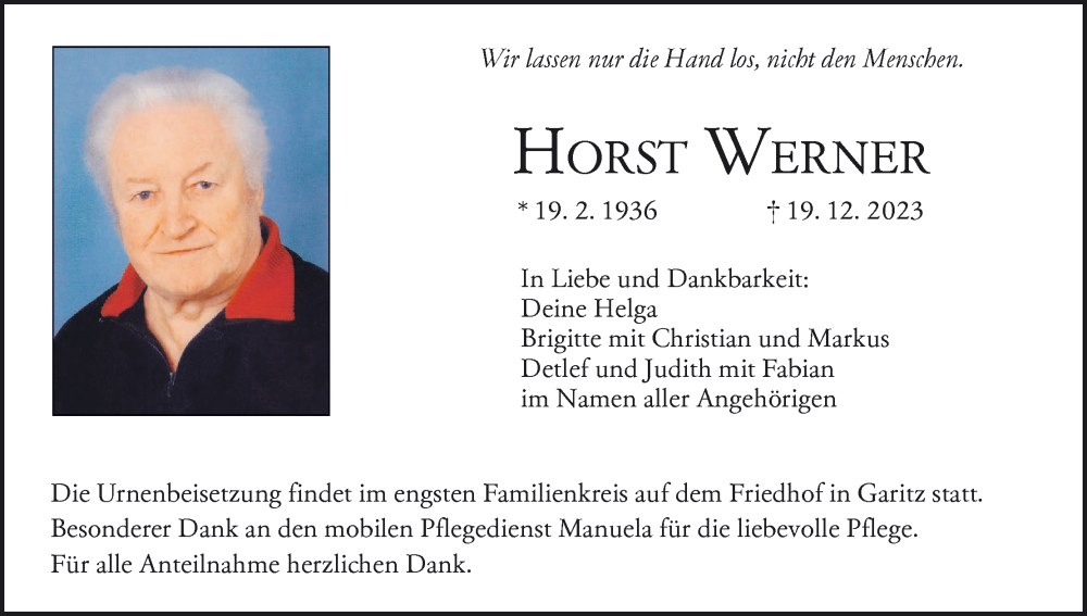  Traueranzeige für Horst Werner vom 23.12.2023 aus MGO