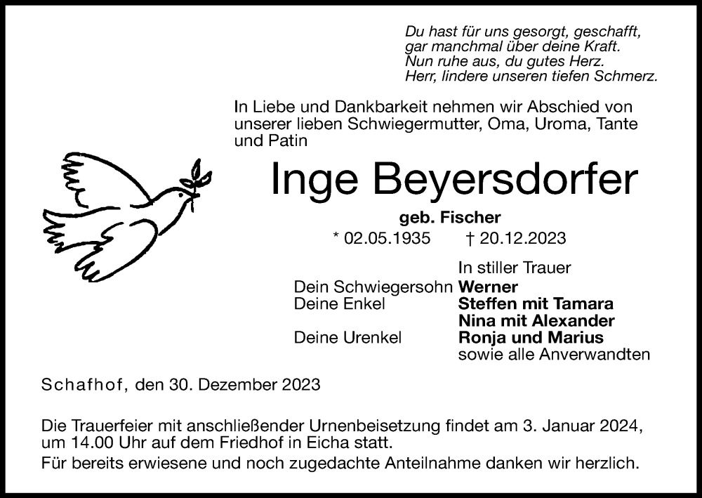  Traueranzeige für Inge Beyersdorfer vom 30.12.2023 aus MGO