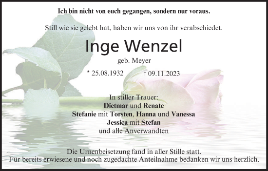 Anzeige von Inge Wenzel von MGO