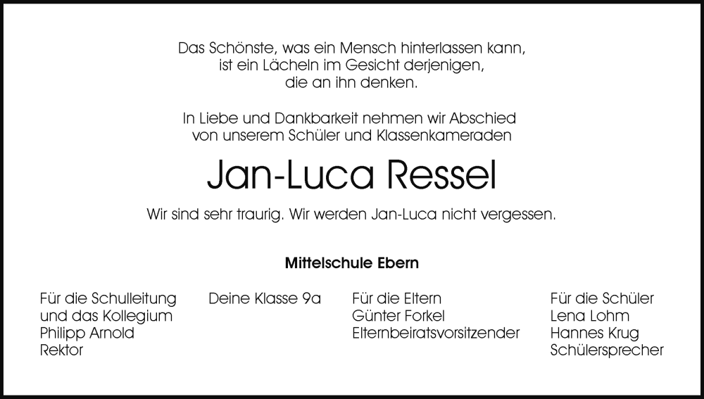  Traueranzeige für Jan-Luca Ressel vom 09.12.2023 aus MGO