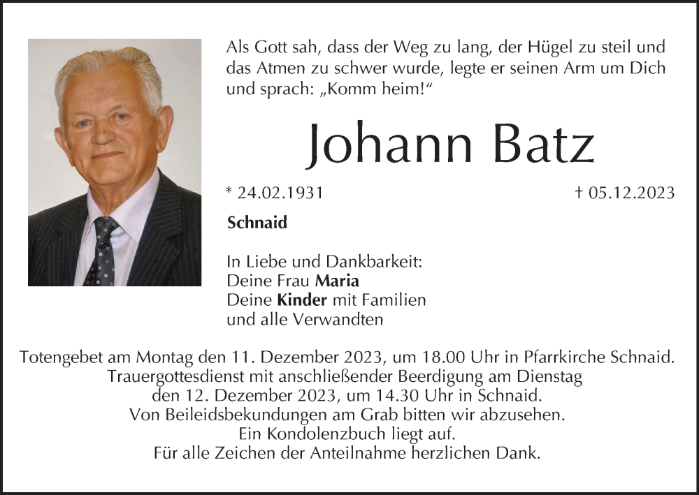  Traueranzeige für Johann Batz vom 09.12.2023 aus MGO