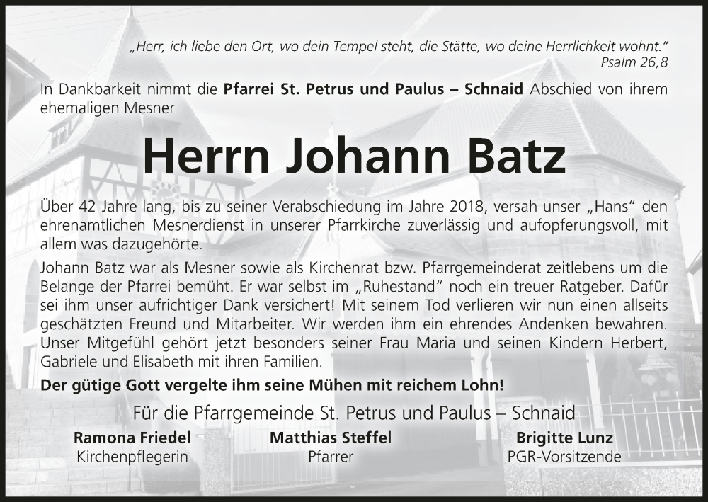  Traueranzeige für Johann Batz vom 09.12.2023 aus MGO