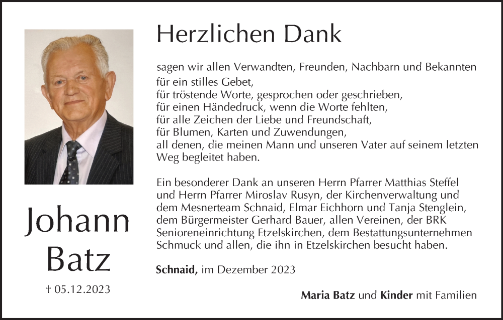  Traueranzeige für Johann Batz vom 23.12.2023 aus MGO
