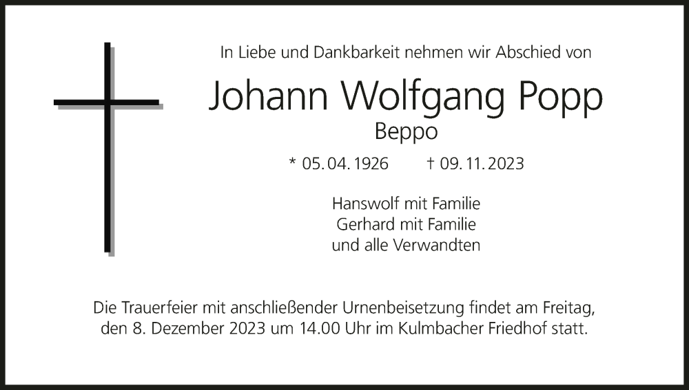  Traueranzeige für Johann  Popp vom 02.12.2023 aus MGO