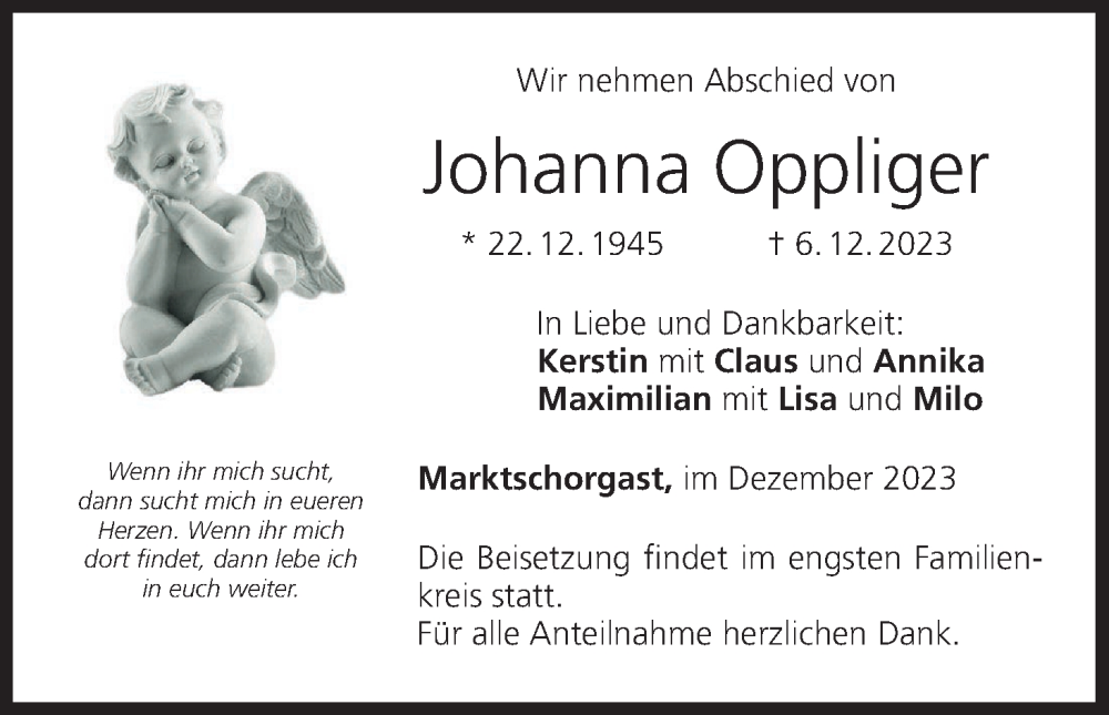  Traueranzeige für Johanna Oppliger vom 09.12.2023 aus MGO