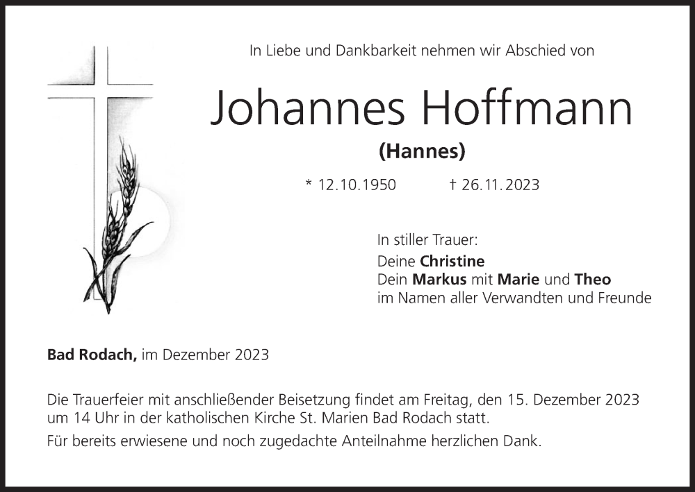  Traueranzeige für Johannes Hoffmann vom 09.12.2023 aus MGO