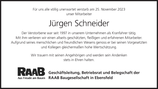 Anzeige von Jürgen Schneider von MGO