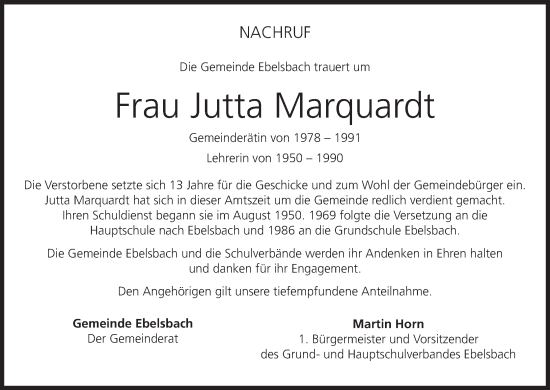 Anzeige von Jutta Marquardt von MGO