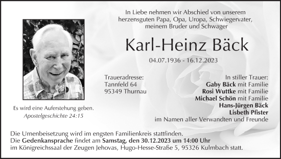 Anzeige von Karl-Heinz Bäck von MGO