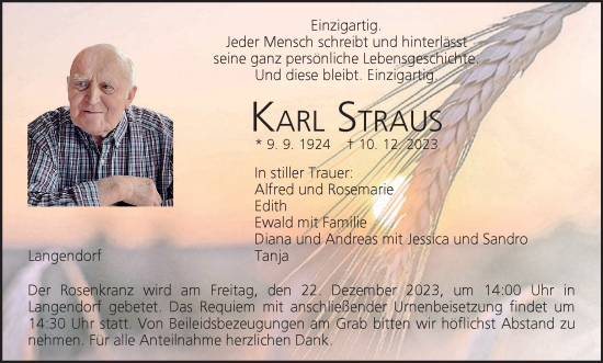 Anzeige von Karl Straus von MGO