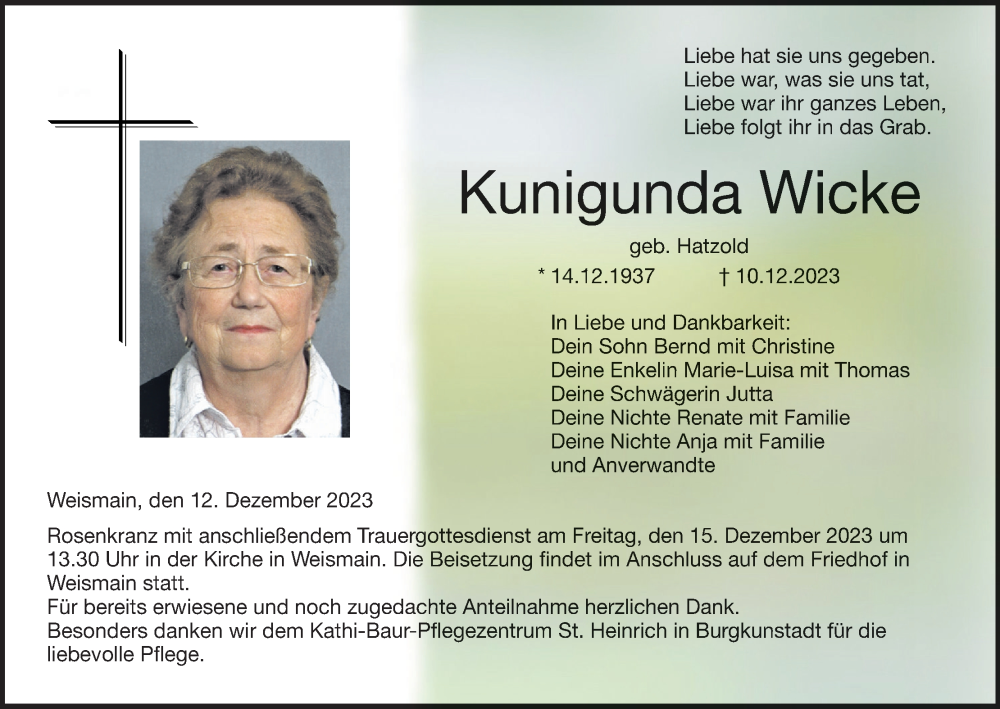 Traueranzeige für Kunigunda Wicke vom 12.12.2023 aus MGO