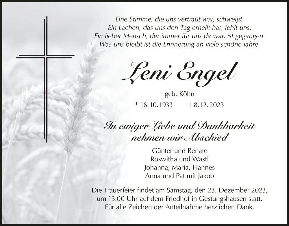  Traueranzeige für Leni Engel vom 16.12.2023 aus MGO