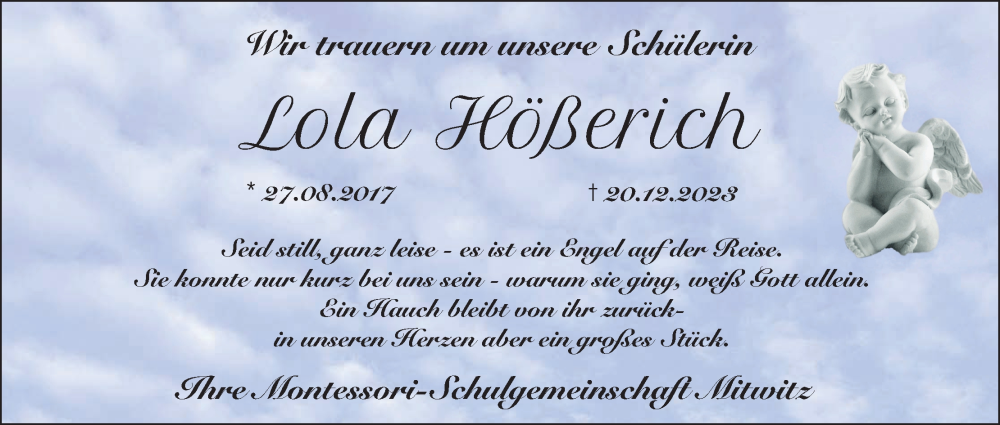  Traueranzeige für Lola Hößerich vom 23.12.2023 aus MGO
