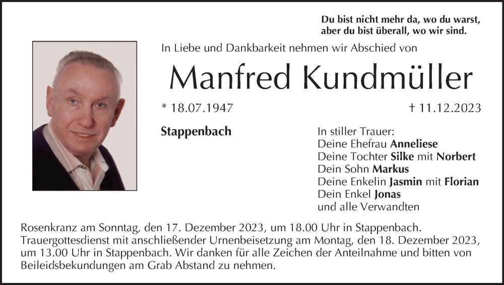  Traueranzeige für Manfred Kundmüller vom 16.12.2023 aus MGO