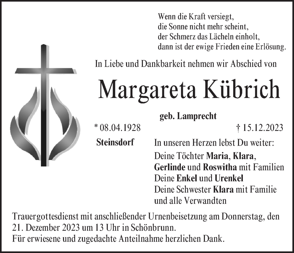  Traueranzeige für Margareta Kübrich vom 19.12.2023 aus MGO