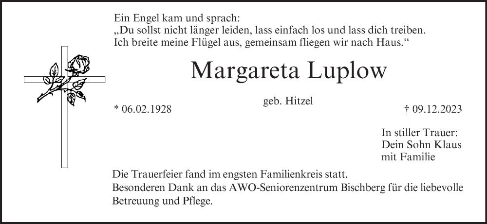  Traueranzeige für Margareta Luplow vom 23.12.2023 aus MGO