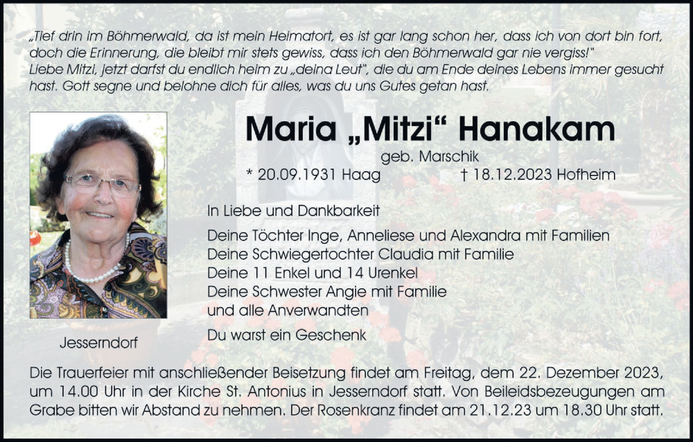  Traueranzeige für Maria Hanakam vom 20.12.2023 aus MGO