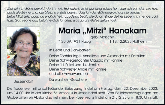 Anzeige von Maria Hanakam von MGO