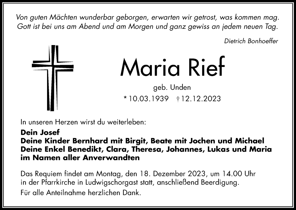  Traueranzeige für Maria Rief vom 15.12.2023 aus MGO