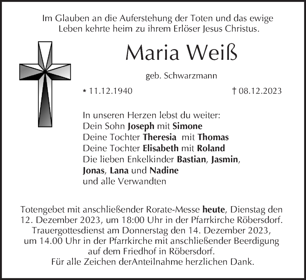  Traueranzeige für Maria Weiß vom 12.12.2023 aus MGO