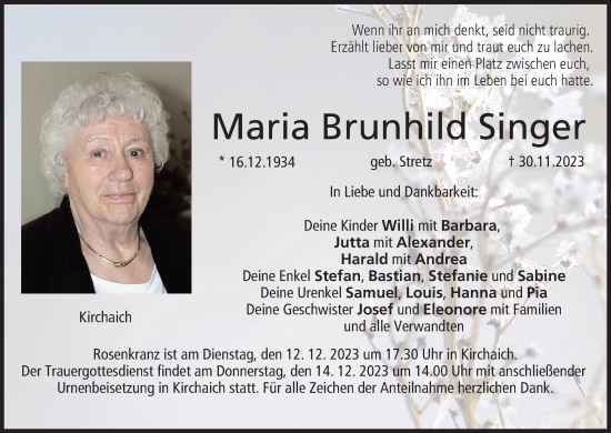 Anzeige von Maria Brunhild Singer von MGO