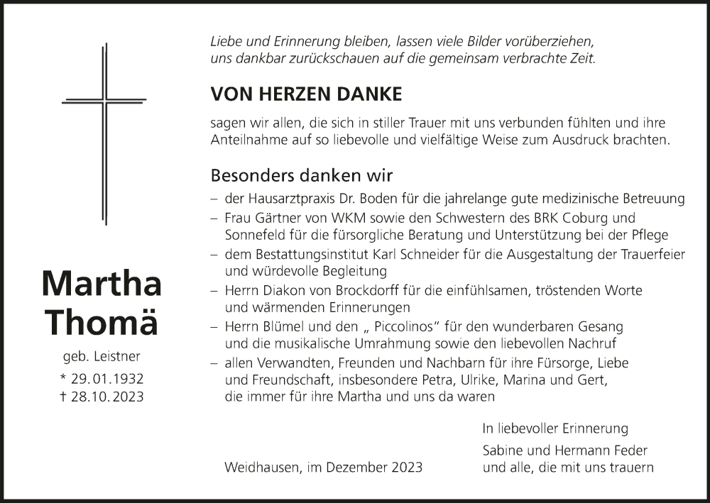  Traueranzeige für Martha Thomä vom 02.12.2023 aus MGO