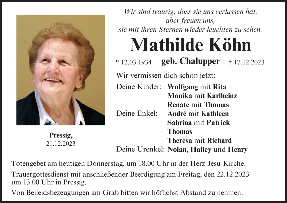  Traueranzeige für Mathilde Köhn vom 21.12.2023 aus MGO